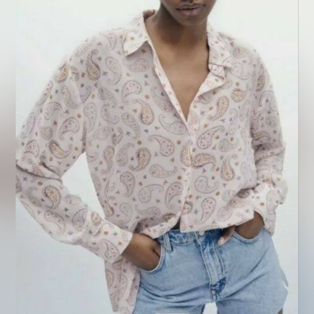 Zara Paisley Eclectic Artsy Pale Pink Women Medium Sheer Chiffon Button Blouse